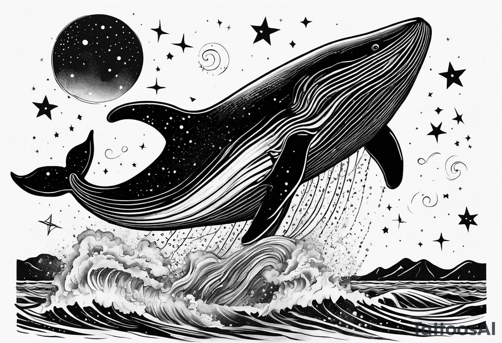 Moby dick inspired sperm whale jumping out of the water with the Virgo constellation in the sky tattoo idea