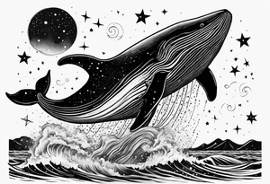 Moby dick inspired sperm whale jumping out of the water with the Virgo constellation in the sky tattoo idea