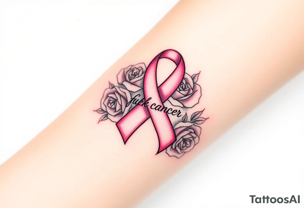 Pretty light pink Cancer ribbon that says "fuck cancer"with roses tattoo idea