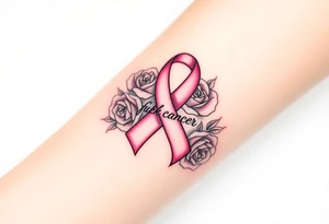 Pretty light pink Cancer ribbon that says "fuck cancer"with roses tattoo idea