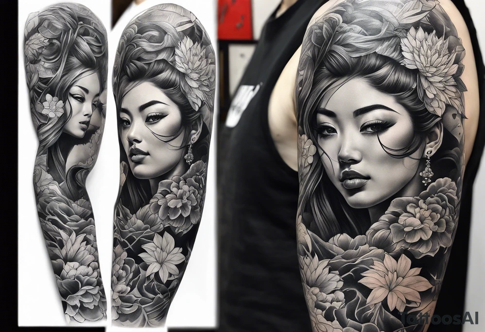 High contrast black and grey Japanese full arm sleeve tattoo idea