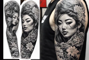 High contrast black and grey Japanese full arm sleeve tattoo idea