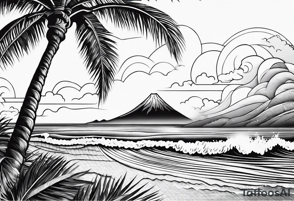 fineline tattoo of a palm tree and a wave with a volcano in the background tattoo idea