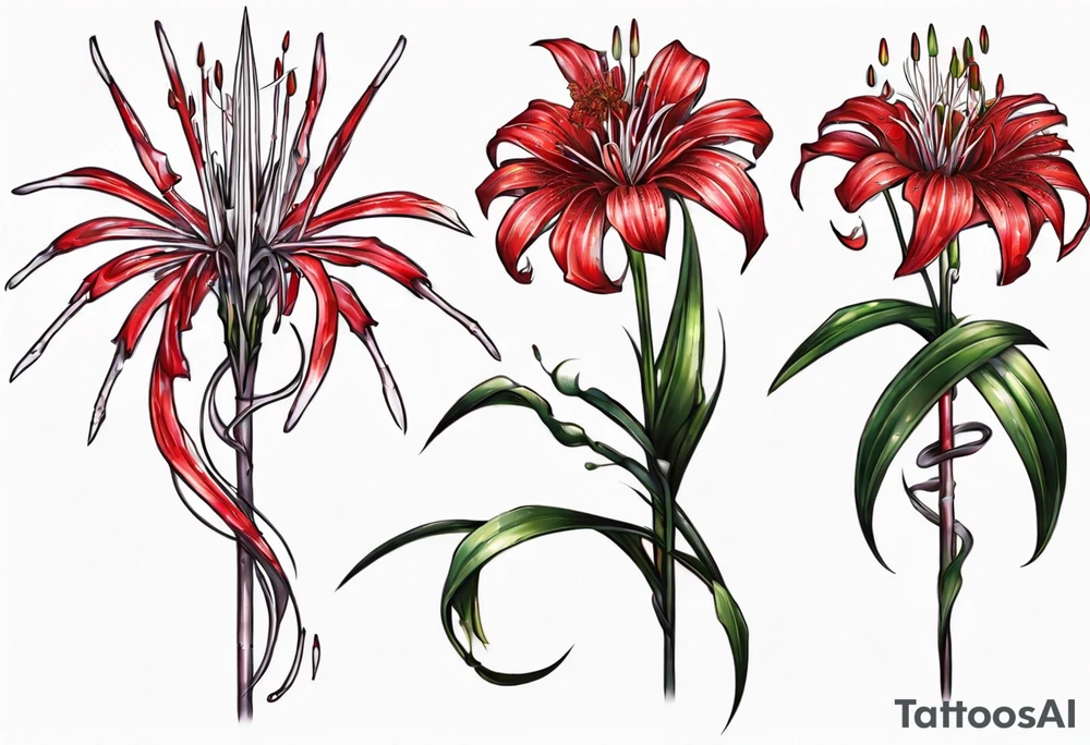 Red spiked spider lily a snake wrappes around the stem of the flower. tattoo idea