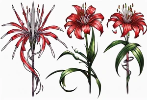 Red spiked spider lily a snake wrappes around the stem of the flower. tattoo idea
