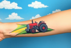 A tractor surrounded by rolling green hills, under a bright blue sky with white fluffy clouds tattoo idea