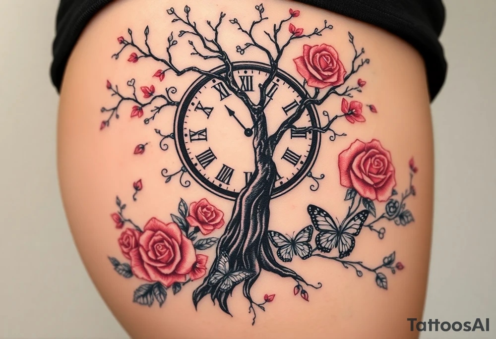 a big clock behind the big poisoned tree, big and small roses, big and small butterflies tattoo idea