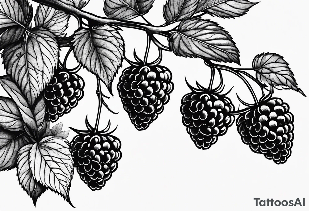 a single long raspberry branch with lots of leaves that is hanging upside down tattoo idea