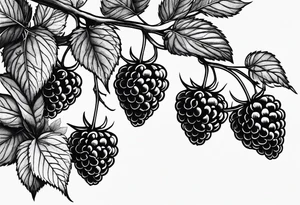 a single long raspberry branch with lots of leaves that is hanging upside down tattoo idea