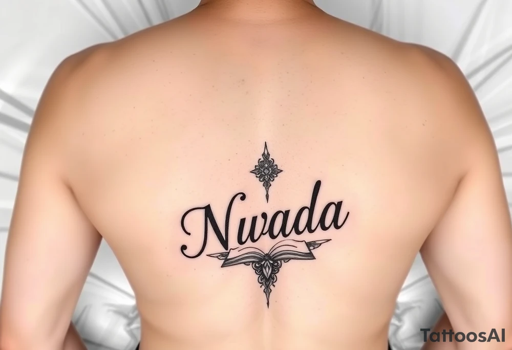 a woman's waist with the word "Nwada" written on her waist make her sit on the bed tattoo idea