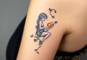 A gentle forest nymph with ivy-wrapped arms, holding a small glowing crystal ball that reflects the Virgo constellation tattoo idea