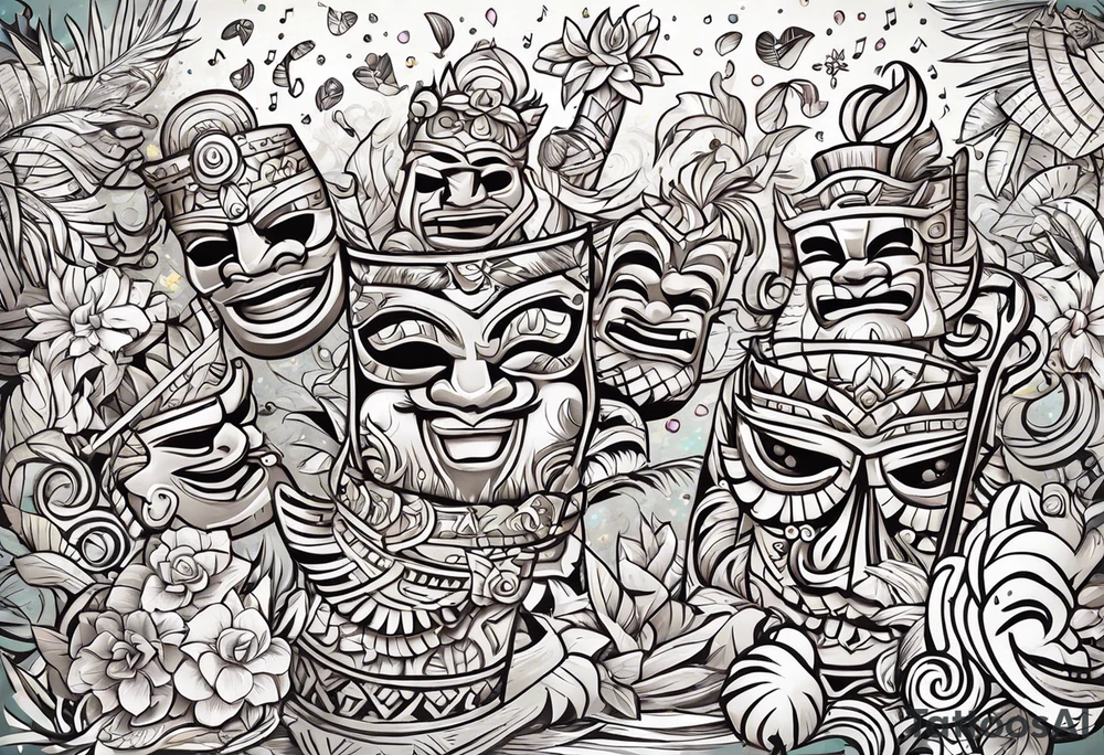 tiki party with dancing tiki guys and sexy tiki girls with music notes and confetti tattoo idea
