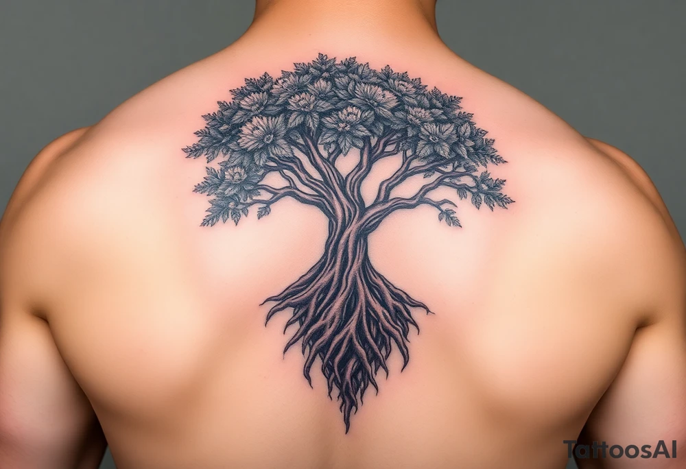 A majestic tree with deep brown roots and lush green leaves, forming a heart shape, symbolizing strength and unwavering hope tattoo idea