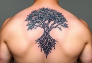 A majestic tree with deep brown roots and lush green leaves, forming a heart shape, symbolizing strength and unwavering hope tattoo idea