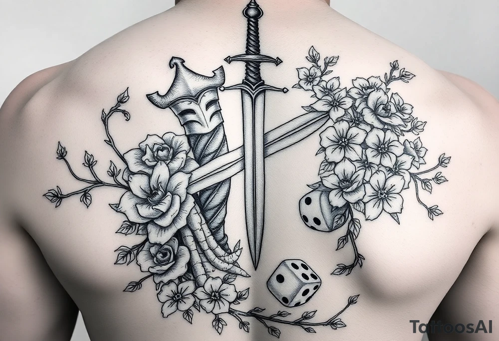 knight and sword and squid intertwined with climbing roses and thorny vines with cherry blossoms rolling dice tattoo idea