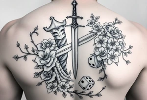 knight and sword and squid intertwined with climbing roses and thorny vines with cherry blossoms rolling dice tattoo idea