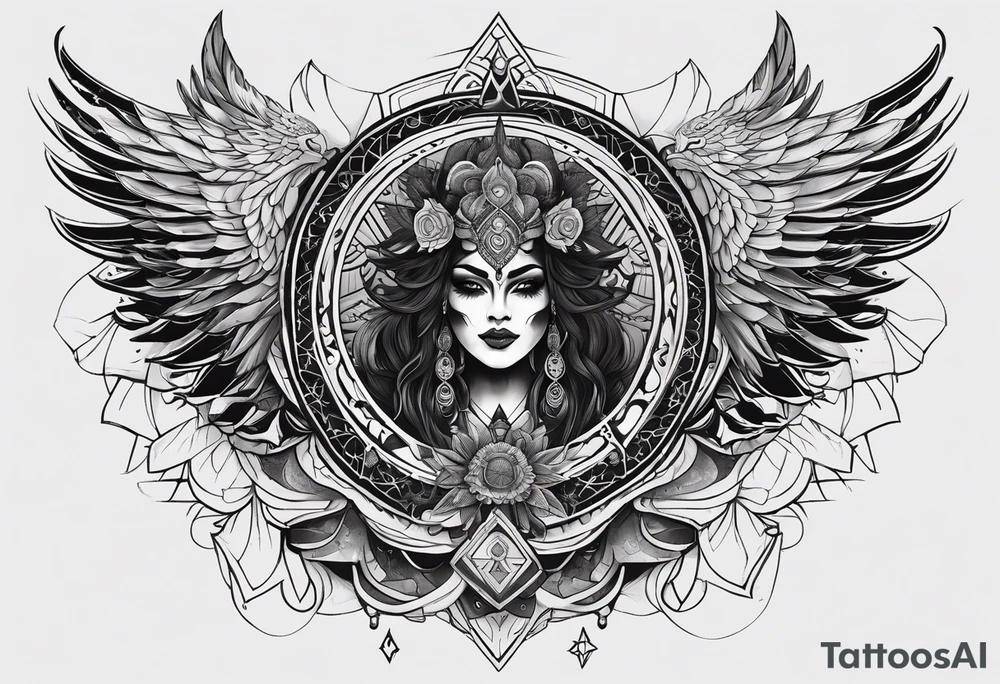 black kali, goddess pirate, alien, pachamama, valkrye, warrior, skull, lotus azul, wing, eagle, zenza resonance, stars, 5D, anahata chakra tattoo idea