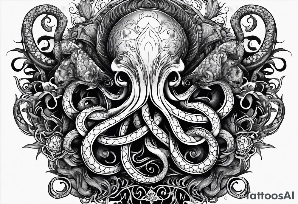 Long tattoo for arm. Lovecraftian creature protecting heart with tentacles. tattoo idea