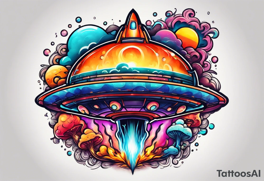thin rocketship with a psychedelic mushroom top with fire coming out the bottom bursting out of bubble as the bubble pops tattoo idea