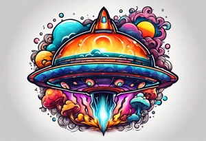 thin rocketship with a psychedelic mushroom top with fire coming out the bottom bursting out of bubble as the bubble pops tattoo idea