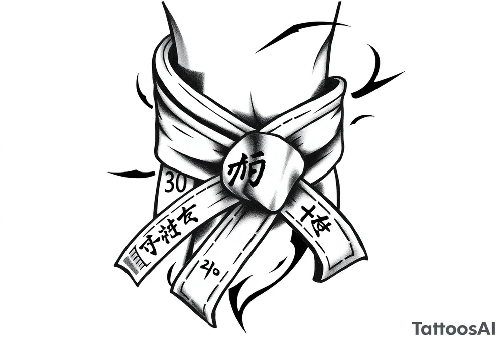 A realistic black and gray tattoo of a Brazilian Jiu-Jitsu black belt wrapping around the wrist like a bracelet. The belt is tied in a knot with one end showing the number 30 and the other showing 24. On the flat end of the belt, two Japanese kanji characters are inked in white: 成長 (growth) and 忍耐 (perseverance). The belt has subtle stitch marks and worn, textured shading for a slightly distressed, authentic look. tattoo idea