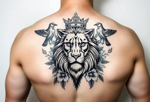 powerful majestic lion with a crown, surrounded by floral ornaments and birds tattoo idea