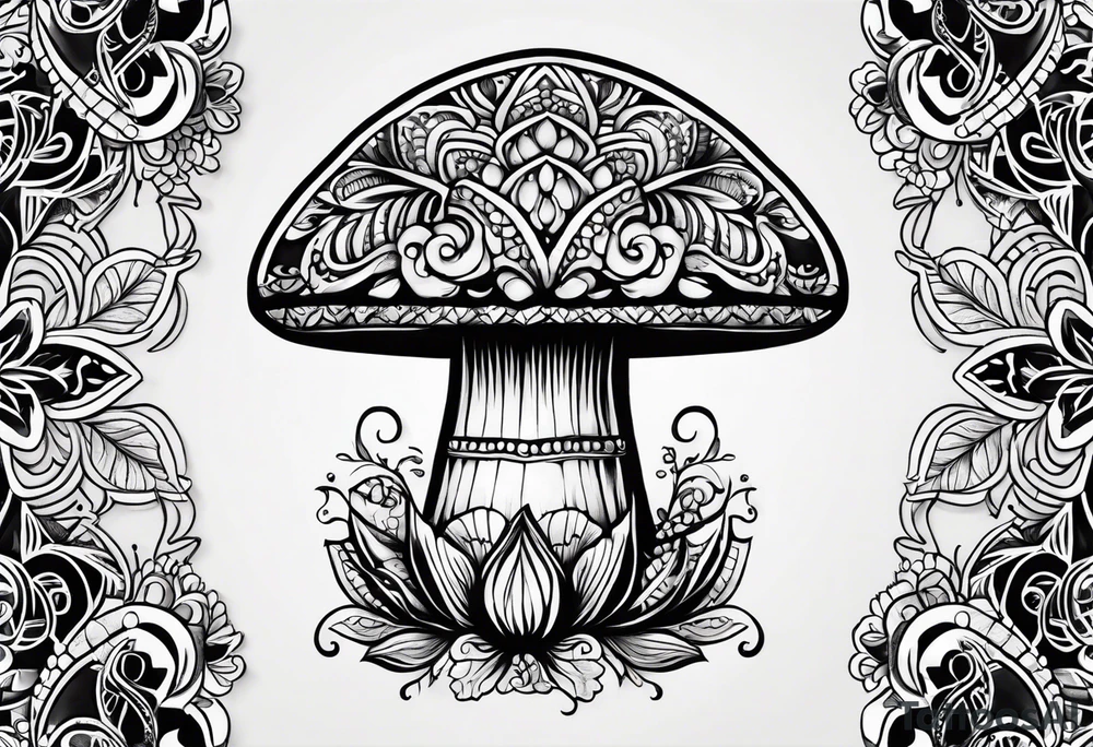 Black mushroom tattoo with henna style mandala design surrounding it tattoo idea