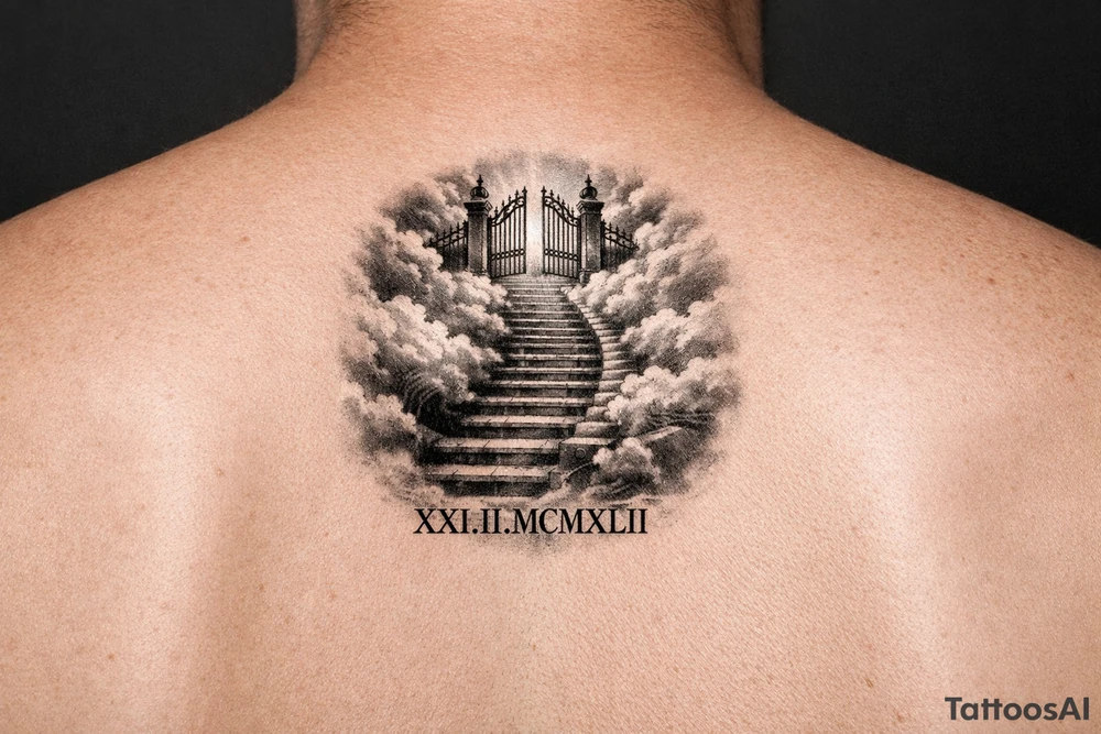 Stairway to heaven, with clouds surrounding the stairs, and the gate being at the top. A date, below the stairs, in Roman numerals 21.02.1942. The tattoo is going on the forearm, but the outside part. Also, it should be realistic, and through the whole forearm. tattoo idea