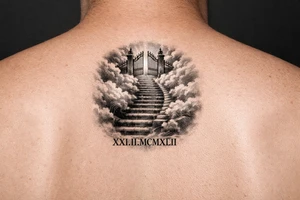 Stairway to heaven, with clouds surrounding the stairs, and the gate being at the top. A date, below the stairs, in Roman numerals 21.02.1942. The tattoo is going on the forearm, but the outside part. Also, it should be realistic, and through the whole forearm. tattoo idea