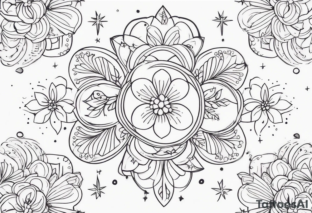 fine line floral with stars, swirls, dots tattoo idea