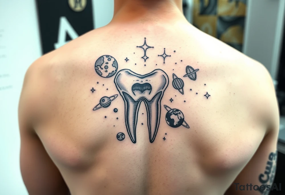 A molar tooth floating among planets and constellations, cosmic dreamy vibe with pastel watercolor style.” tattoo idea
