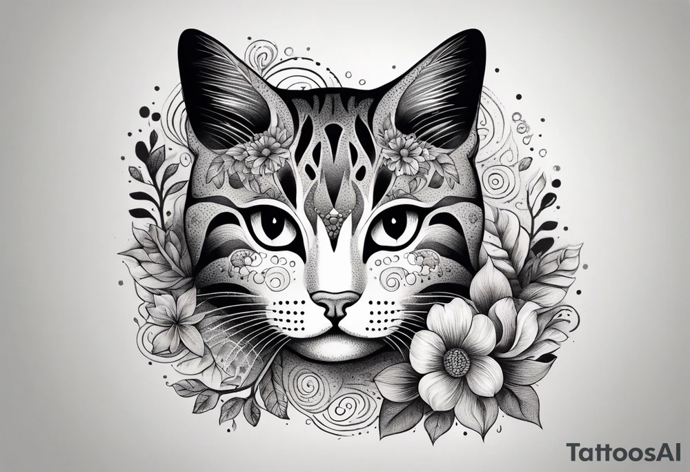 Illustrate a small tattoo of a tabby cat curled up, surrounded by gentle swirls or floral elements to enhance its cozy vibe tattoo idea