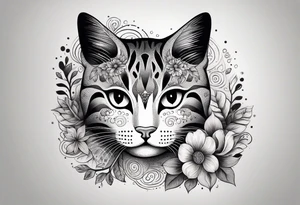 Illustrate a small tattoo of a tabby cat curled up, surrounded by gentle swirls or floral elements to enhance its cozy vibe tattoo idea