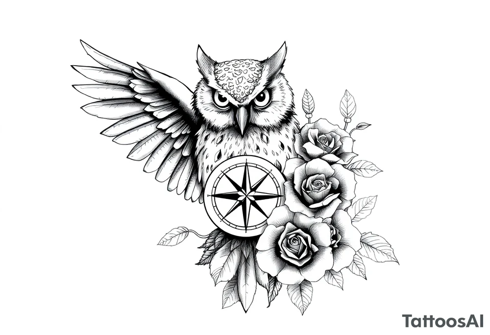 an owl,compass,roses, tattoo idea