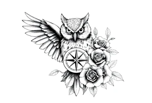 an owl,compass,roses, tattoo idea