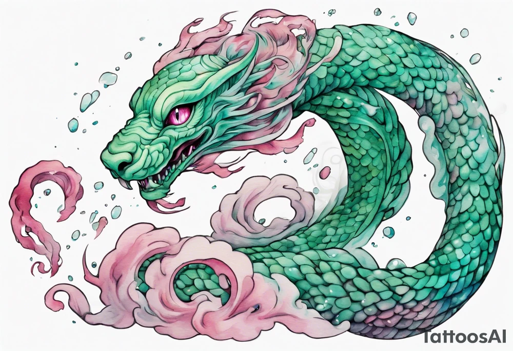 a gentle green-eyed Falkor serpent hybrid with turquoise and pink scales emerging from the stormy sea tattoo idea