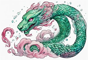 a gentle green-eyed Falkor serpent hybrid with turquoise and pink scales emerging from the stormy sea tattoo idea