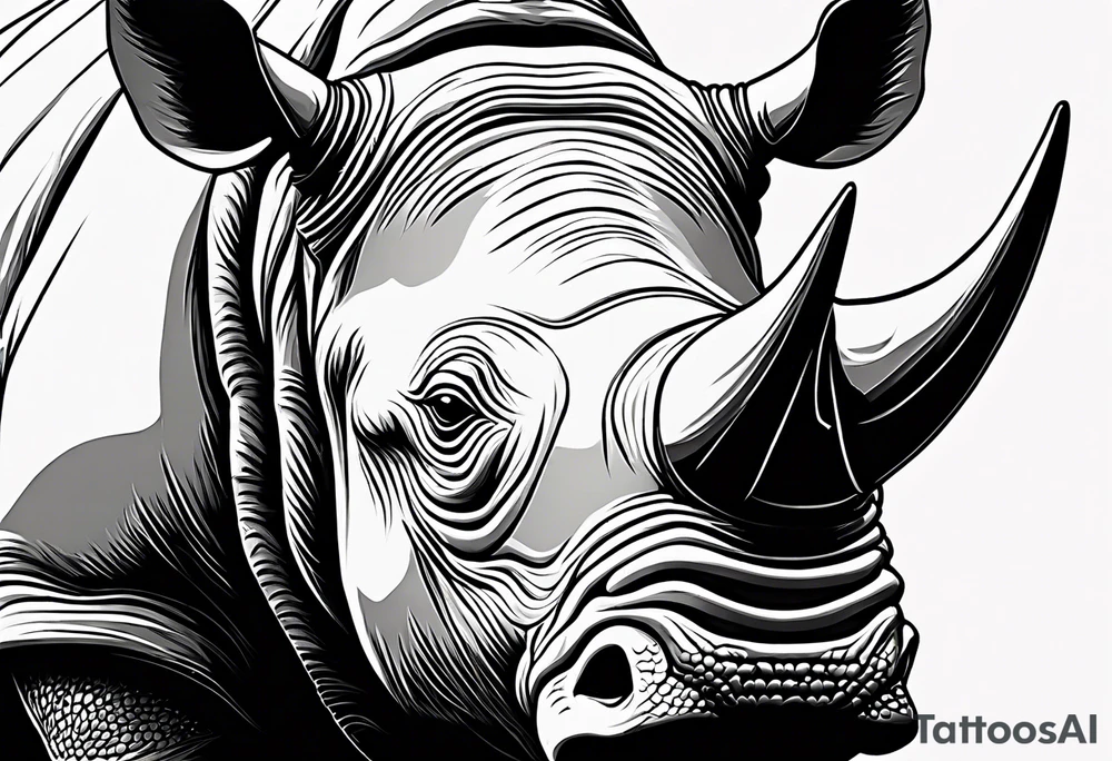 A front-facing rhino head with a sharp elongated tusk that is angry and fierce. Ears pointed straight up and forward a bit. Eyes that pierce your soul. A snarling jowel tattoo idea