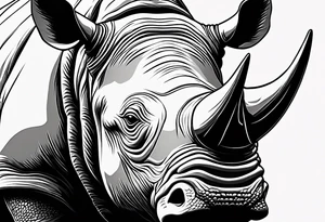 A front-facing rhino head with a sharp elongated tusk that is angry and fierce. Ears pointed straight up and forward a bit. Eyes that pierce your soul. A snarling jowel tattoo idea