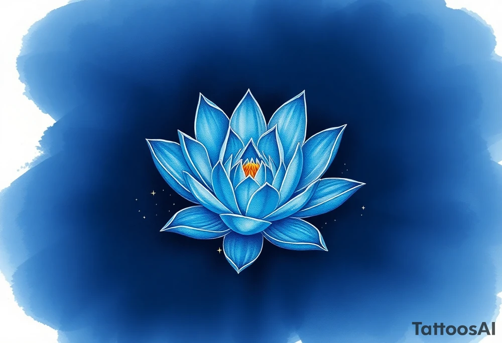 A deep blue water lily, with soft silver outlines and subtle star-like sparkles, floating gently on dark water, symbolizing dreams and the mystical journey of love tattoo idea