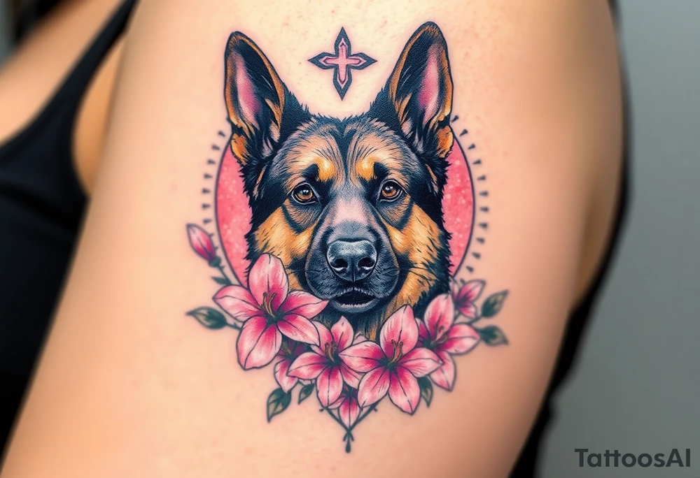 tough looking german shepherd dog with pink lily flowers in front of sacred heart tattoo idea