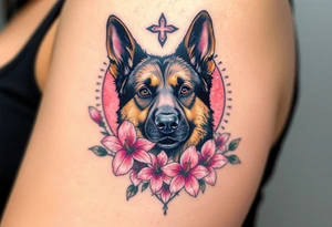 tough looking german shepherd dog with pink lily flowers in front of sacred heart tattoo idea
