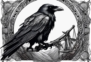 Large raven sitting on top of banner held up by 3 spears on a mideaval battle field. The banner has celtic runs on it. Tattoo would fit on forearm tattoo idea
