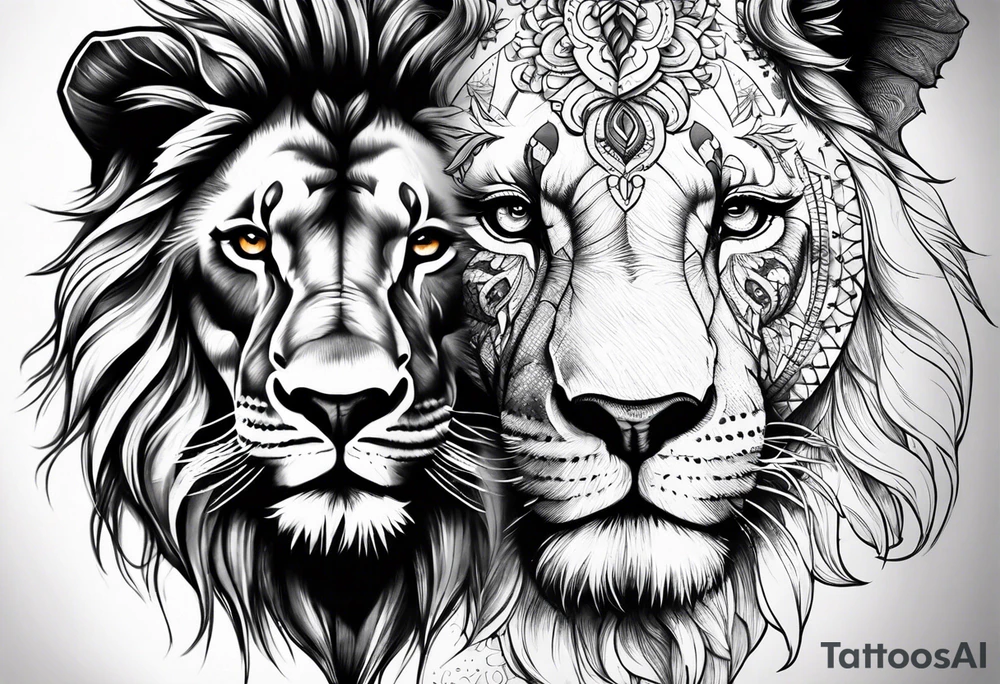Half lion face half elephant face tattoo idea