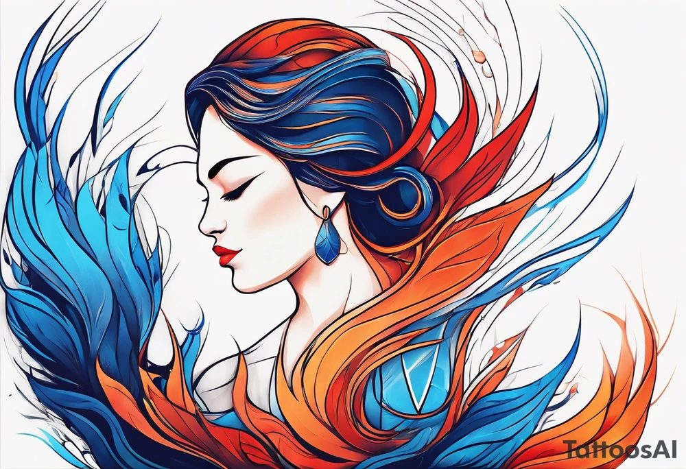 Minimalist lines twin flame blue red and orange mixed flame with some type of straight lines tattoo idea