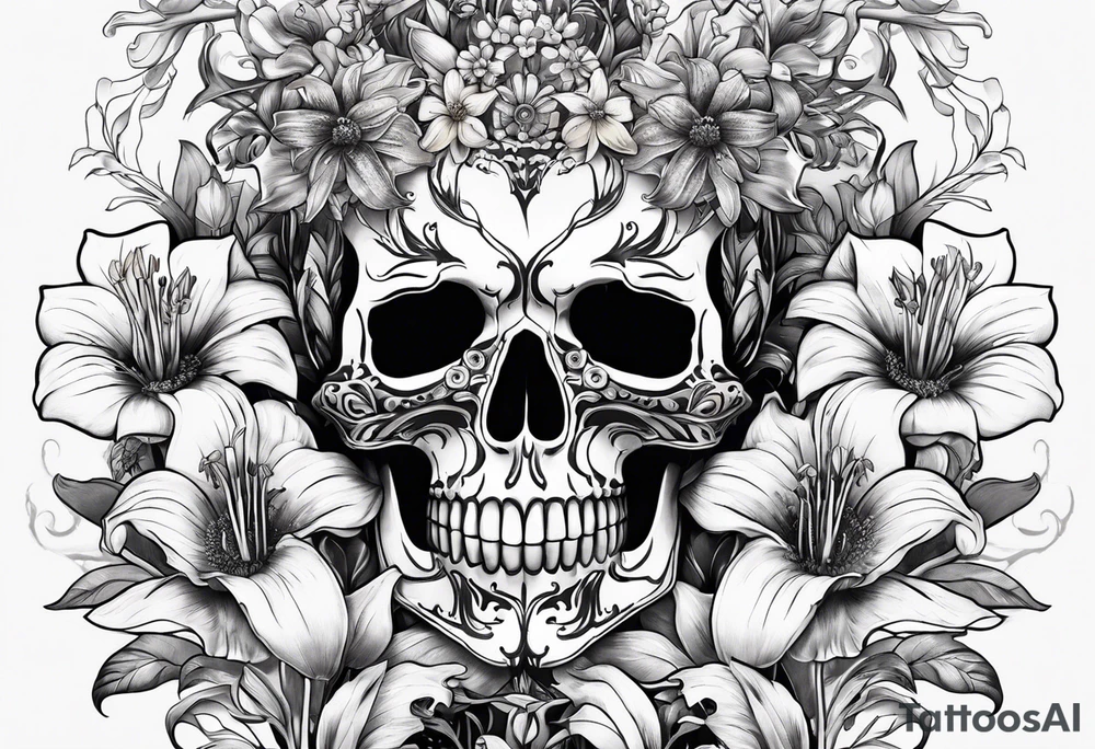 A Bulls skeleton head with lily if the valley flowers growing out of eyes tattoo idea