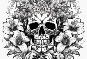 A Bulls skeleton head with lily if the valley flowers growing out of eyes tattoo idea