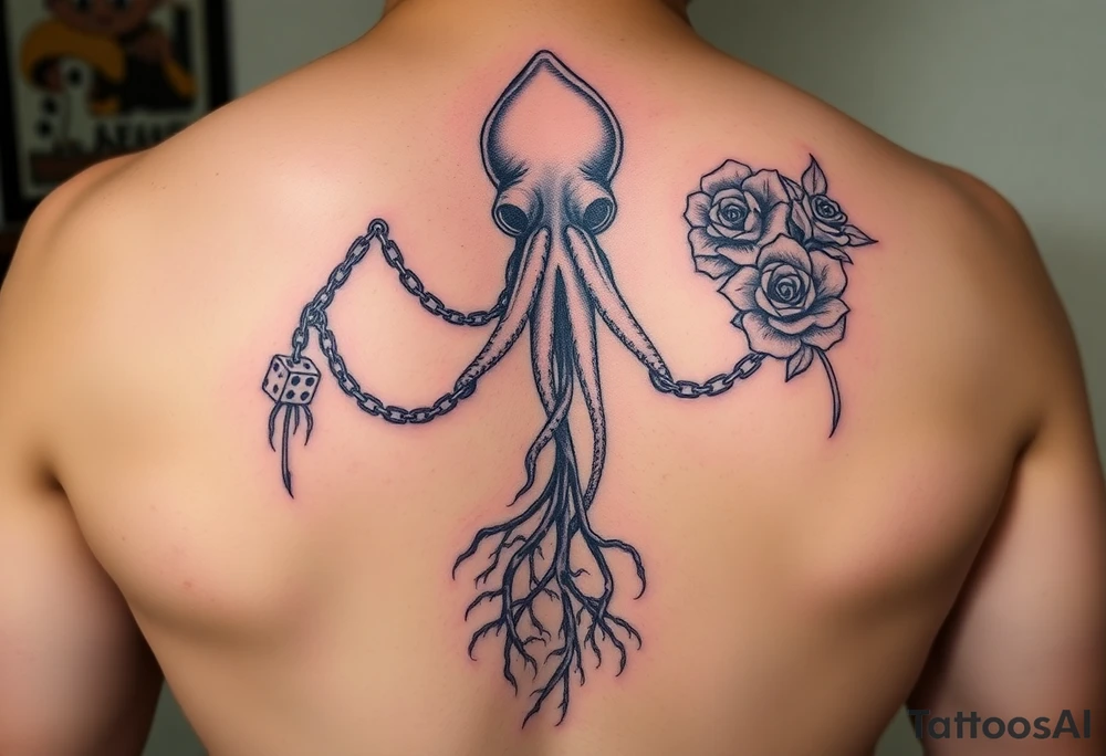 squid with chains with roses and tree roots rolling dice tattoo idea