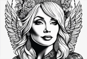 An angelic tattoo featuring Dolly Parton, an acorn, wings tattoo idea