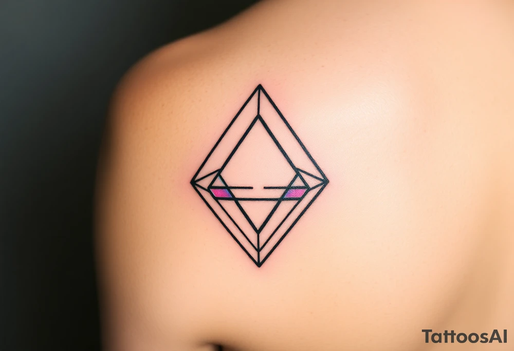 A fine line tattoo design on skin. An impossible Penrose triangle constructed from a faceted diamond cut structure. The facets of the diamond structure contain holographic, iridescent psychedelic gradients of purple, turquoise, and neon pink colors. Minimalist style, precise geometric lines, sacred geometry vibes, micro realism tattoo. tattoo idea